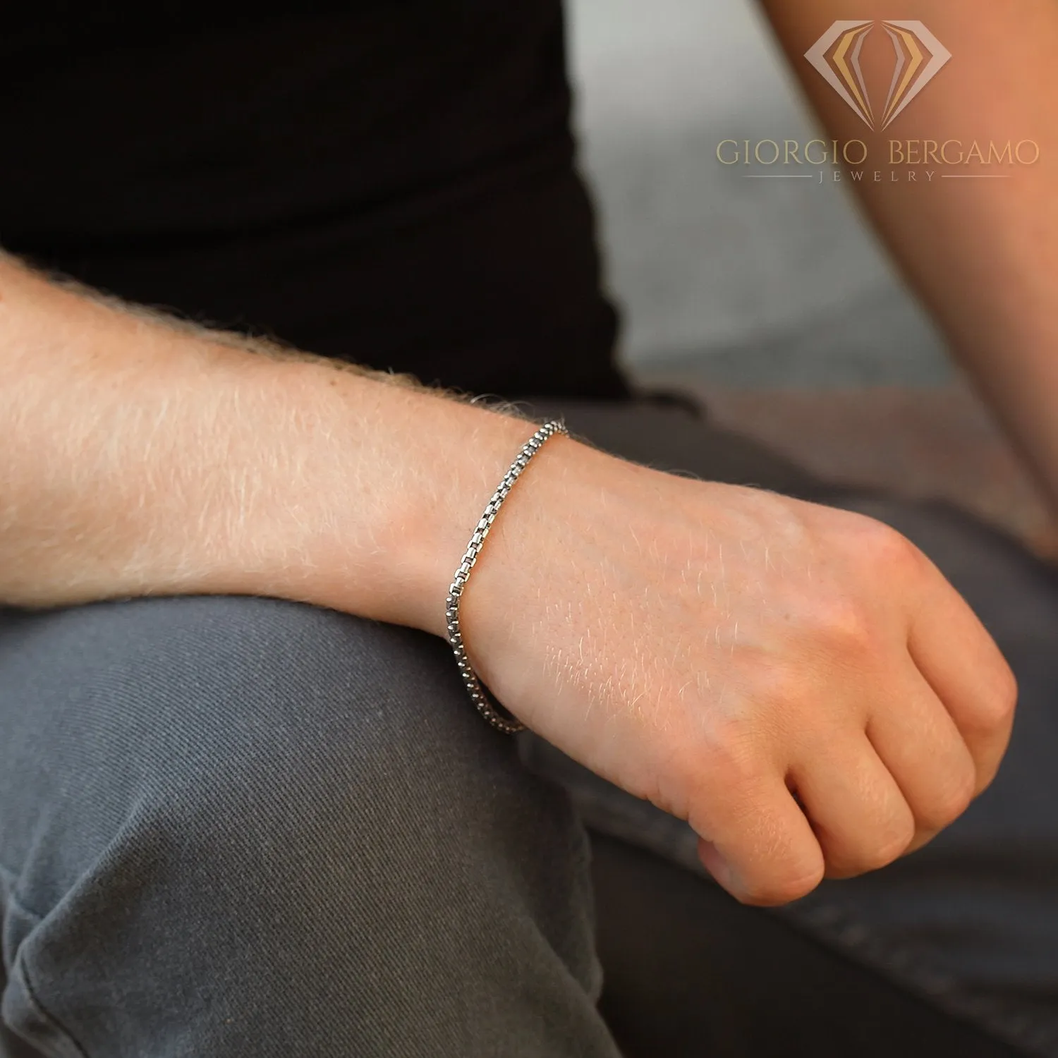 925 Sterling Silver 3mm Round Box Rhodium Bracelet