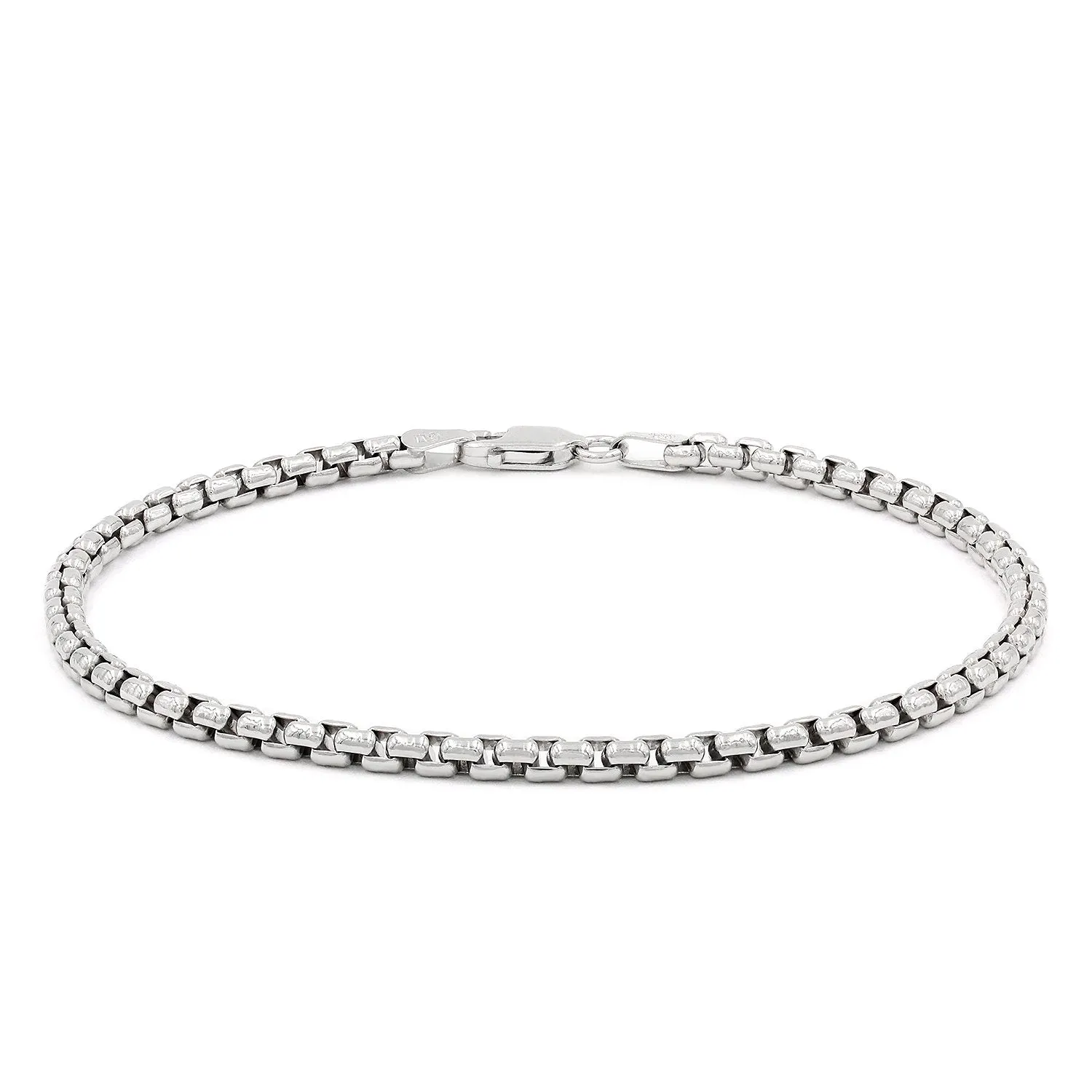 925 Sterling Silver 3mm Round Box Rhodium Bracelet