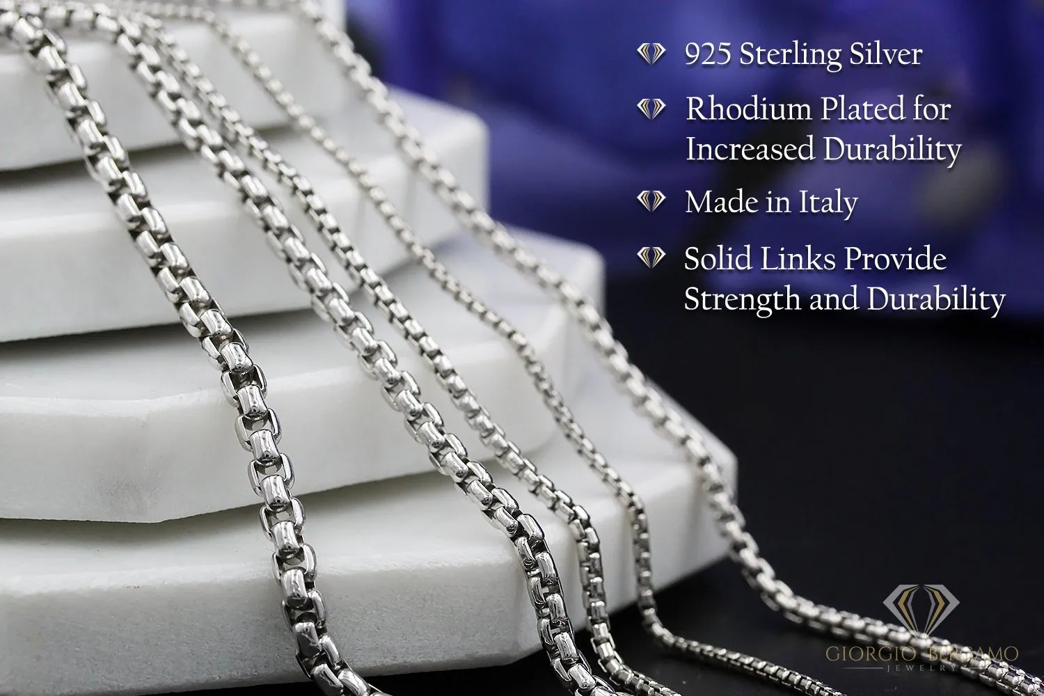 925 Sterling Silver 3mm Round Box Rhodium Bracelet