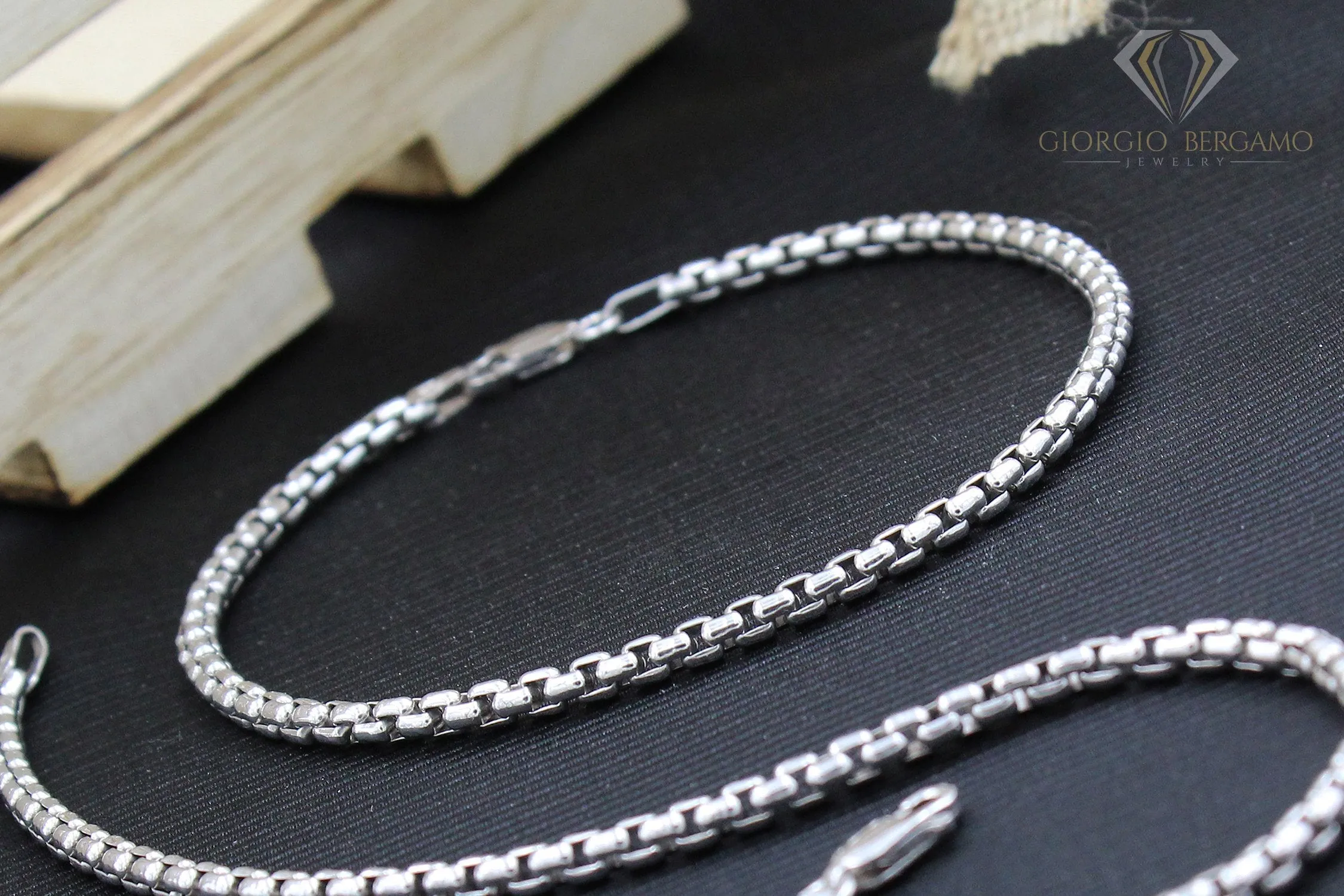 925 Sterling Silver 3mm Round Box Rhodium Bracelet