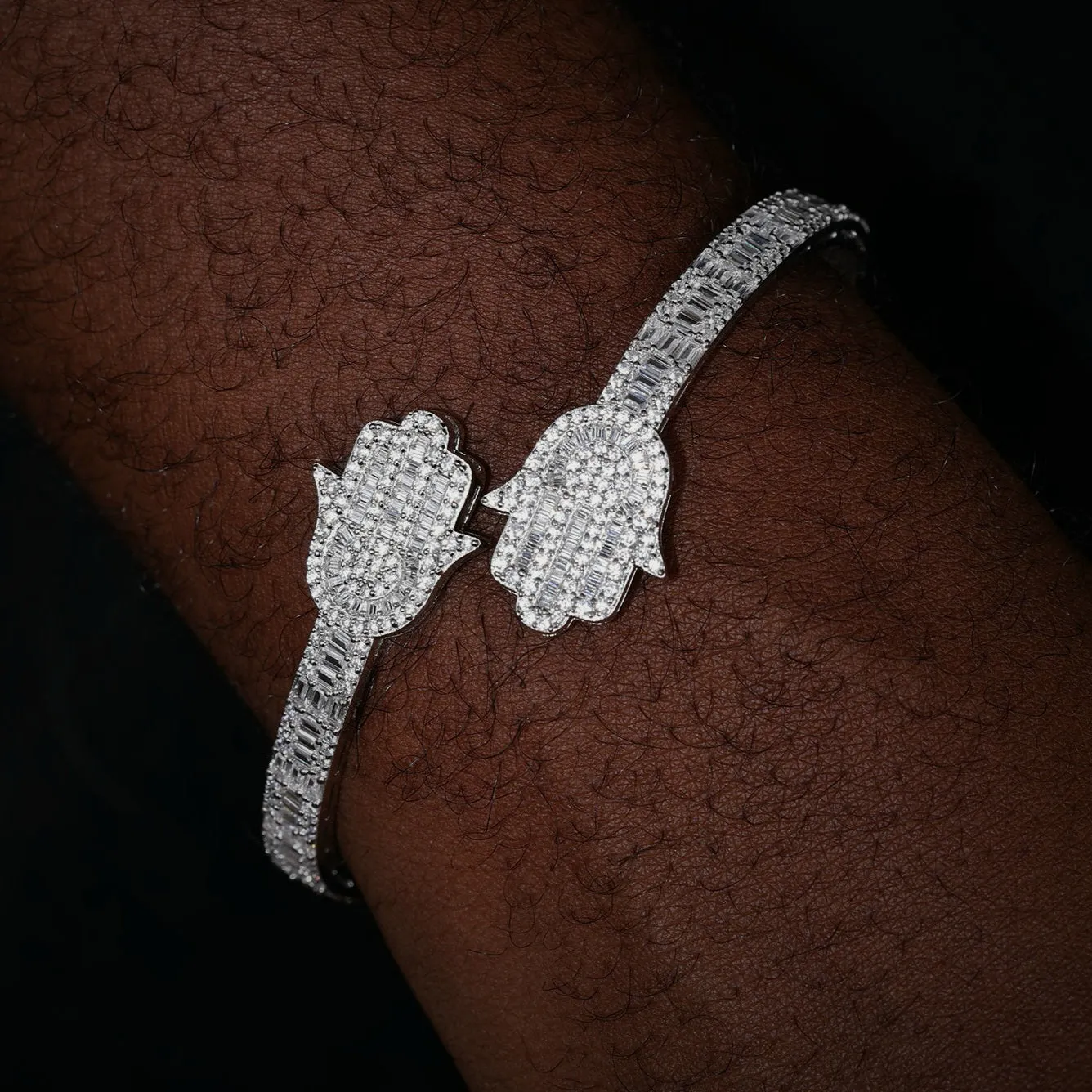 925 Sterling Silver Cubic Zirconia two prominent Hamsa 7" Bangle Bracelet - C300049