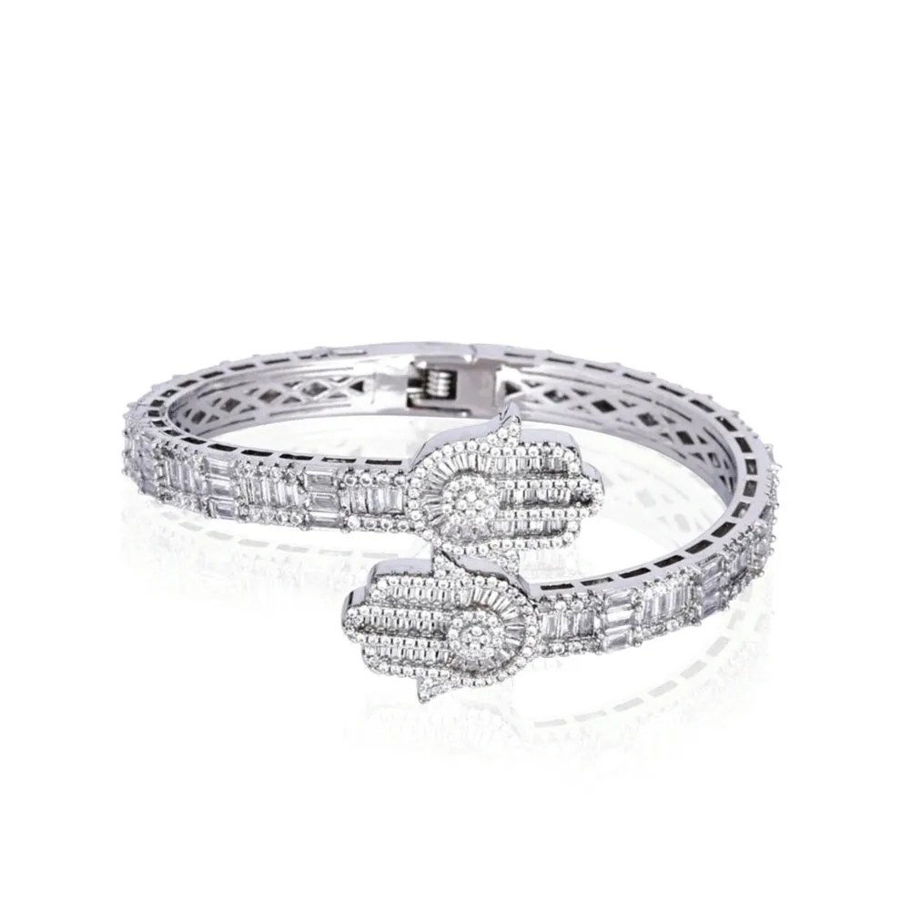 925 Sterling Silver Cubic Zirconia two prominent Hamsa 7" Bangle Bracelet - C300049