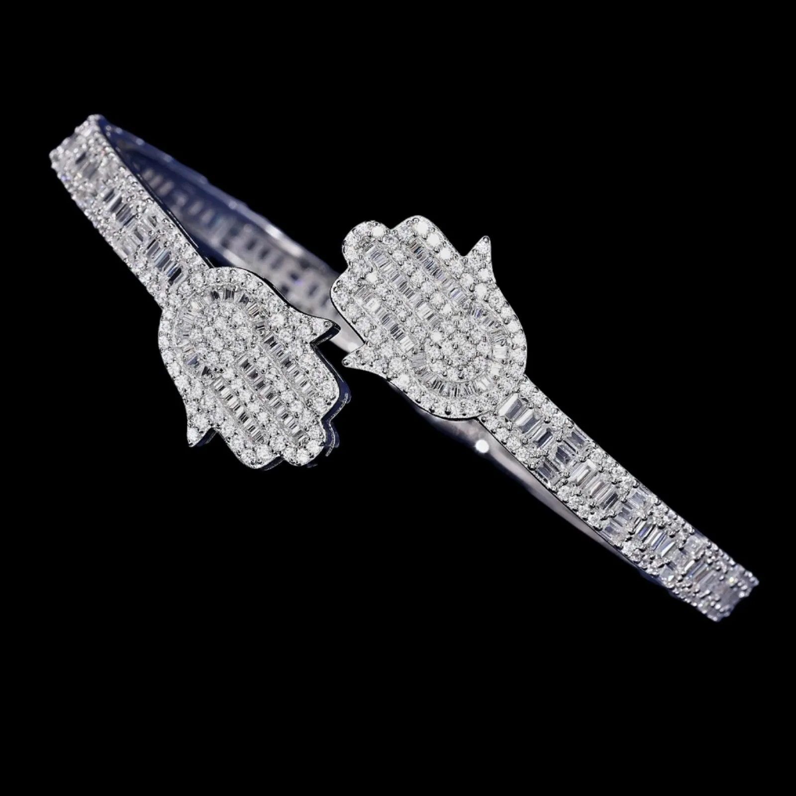 925 Sterling Silver Cubic Zirconia two prominent Hamsa 7" Bangle Bracelet - C300049
