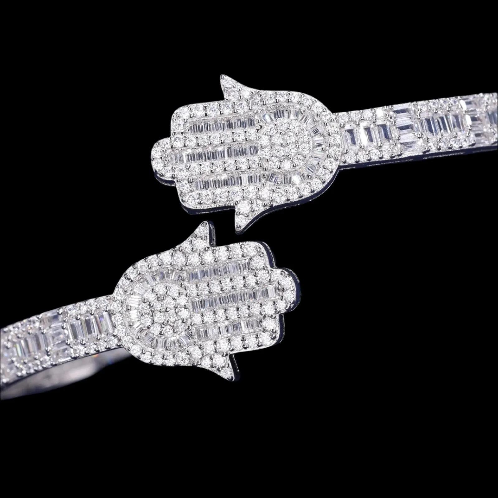 925 Sterling Silver Cubic Zirconia two prominent Hamsa 7" Bangle Bracelet - C300049