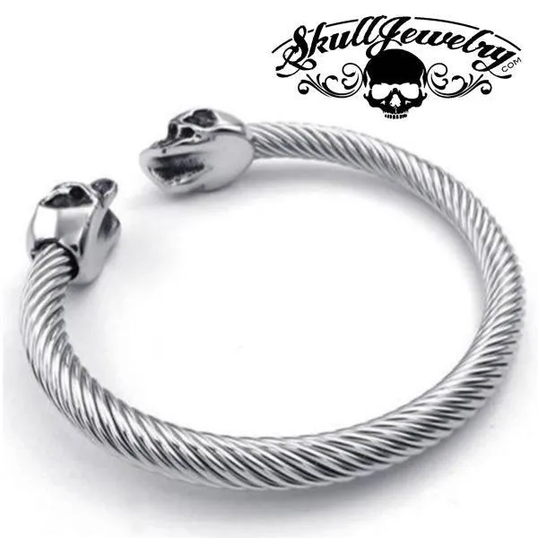9" Steel Cable Bracelet with Double Skulls and White Gem Stone Eyes (#833)