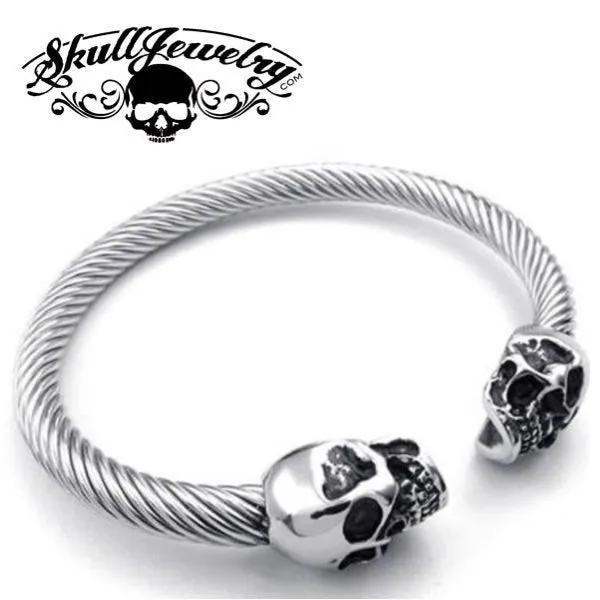 9" Steel Cable Bracelet with Double Skulls and White Gem Stone Eyes (#833)