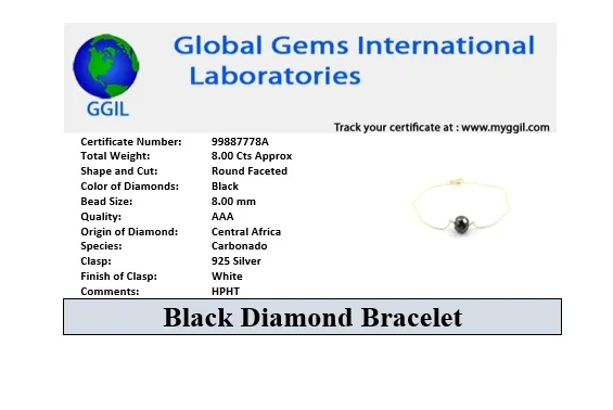 AAA Certified 8 mm Round Black Diamond Chain Bracelet in 925 Silver, Ideal For Birthday Gift