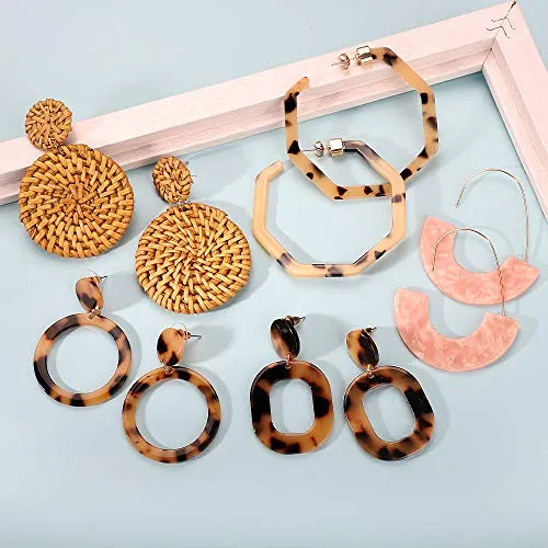 Acrylic Earrings for Women Mom Drop Dangle Leaf Earrings Resin Minimalist Bohemian Statement Jewelry (9 pair Rattan Acrylic)
