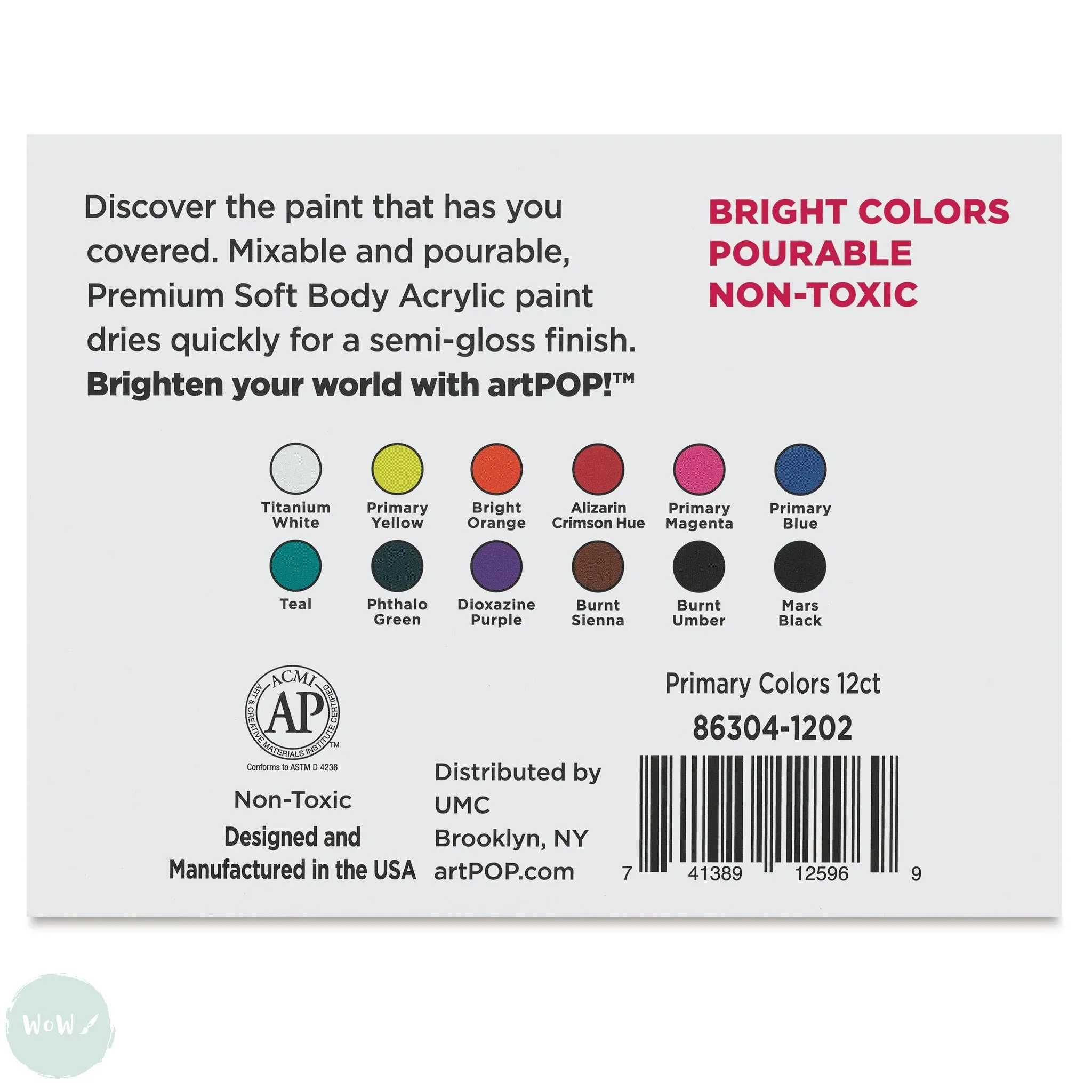 Acrylic Paint Set- artPOP! - SOFT BODY - 12 assorted PRIMARY COLOURS - 59ml