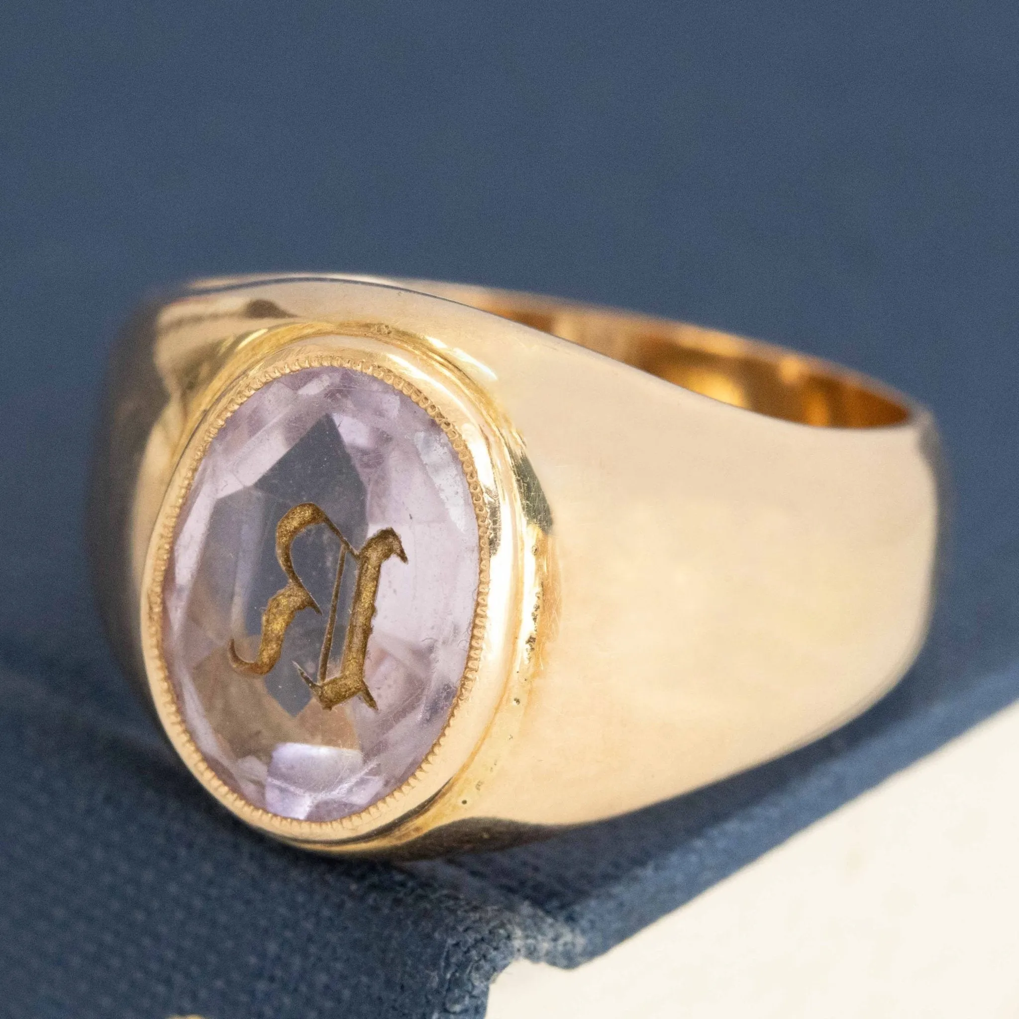 Antique Carved Amethyst R Signet Ring