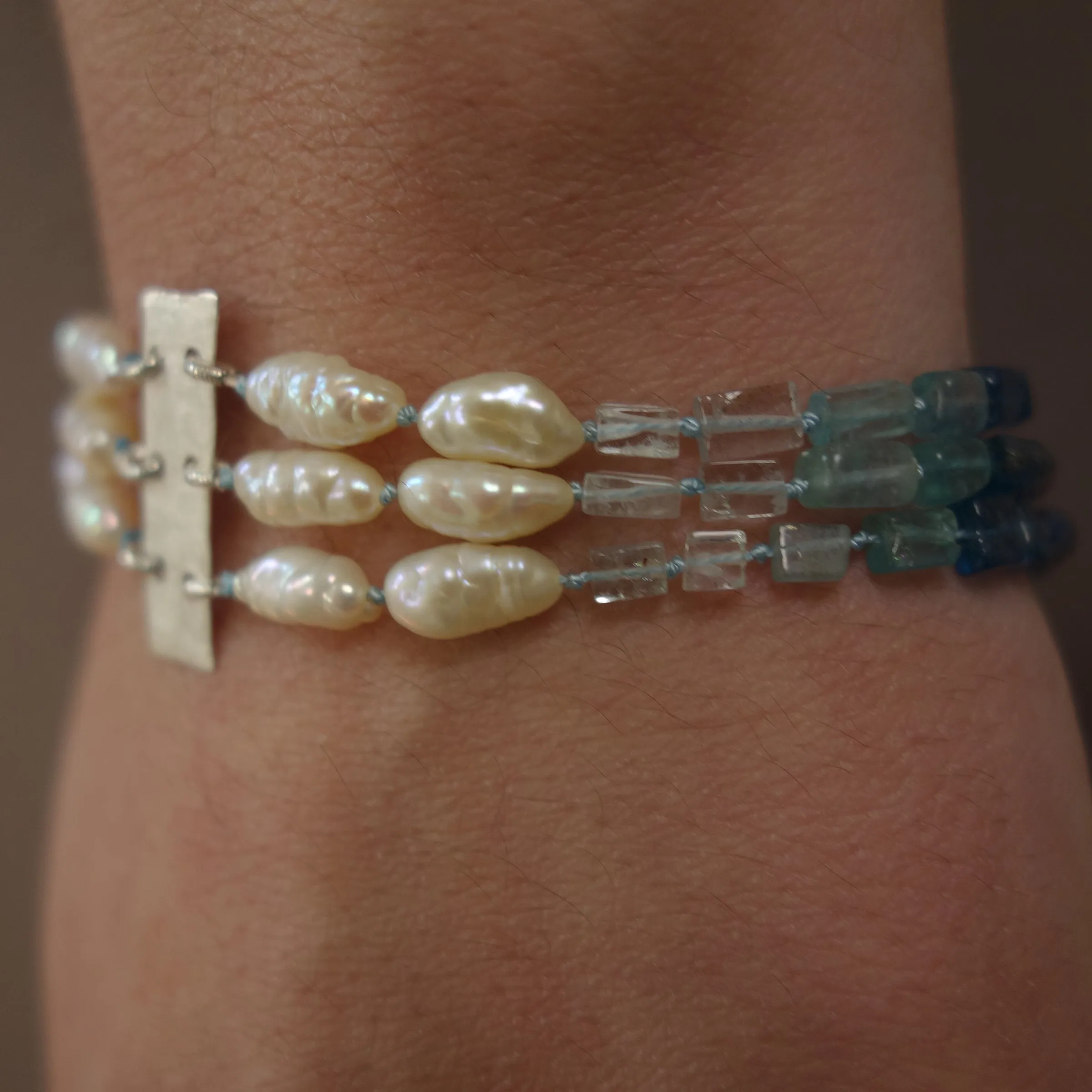 Aphrodite's Sea (pearl, aquamarine, and apatite) multi strand bracelet