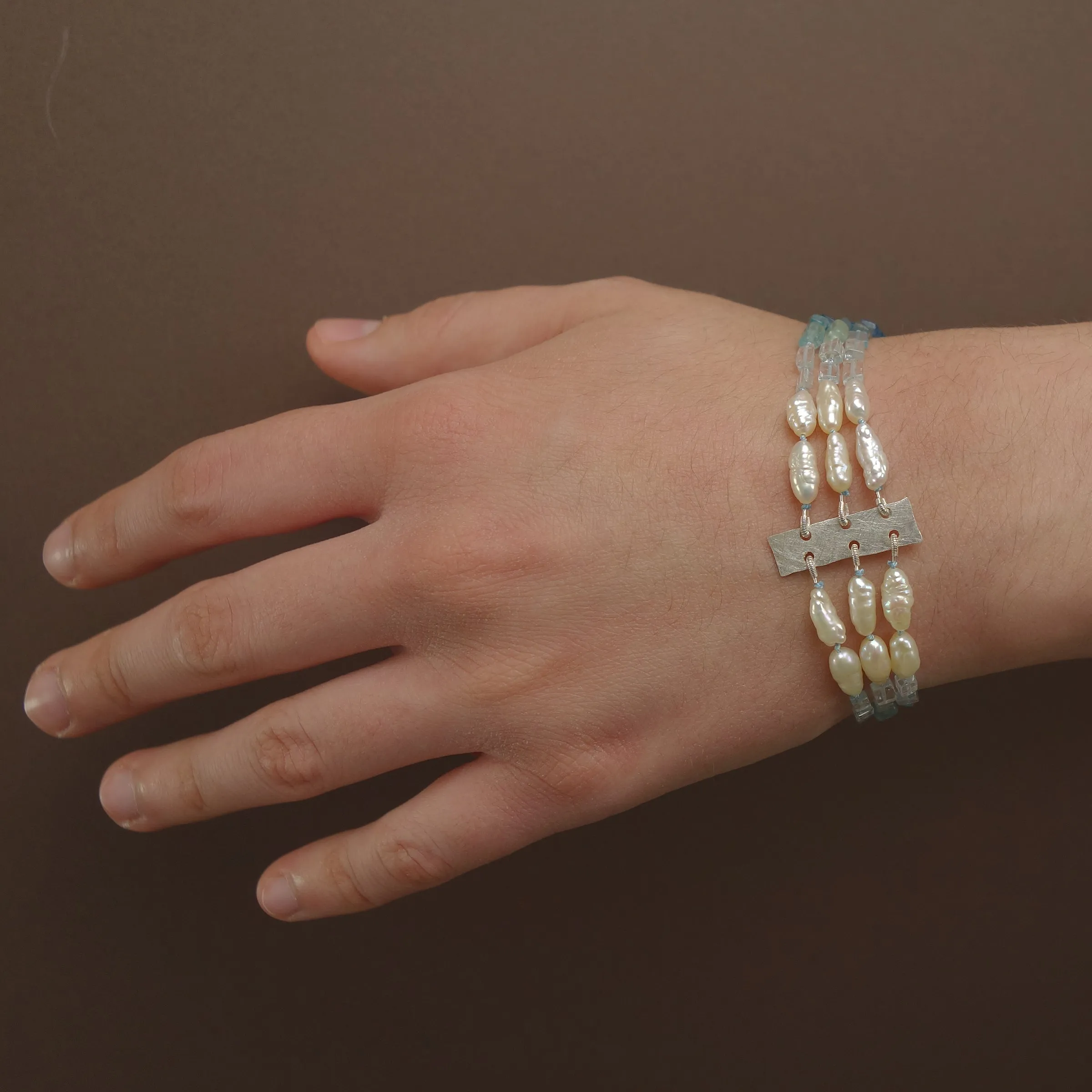 Aphrodite's Sea (pearl, aquamarine, and apatite) multi strand bracelet