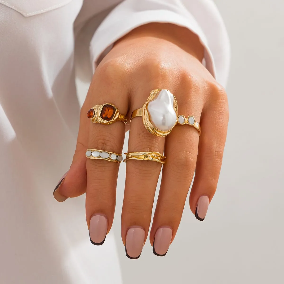 Baroque 5pcs Irregular Pearl Crystal Inlaid Pleated Ring Set