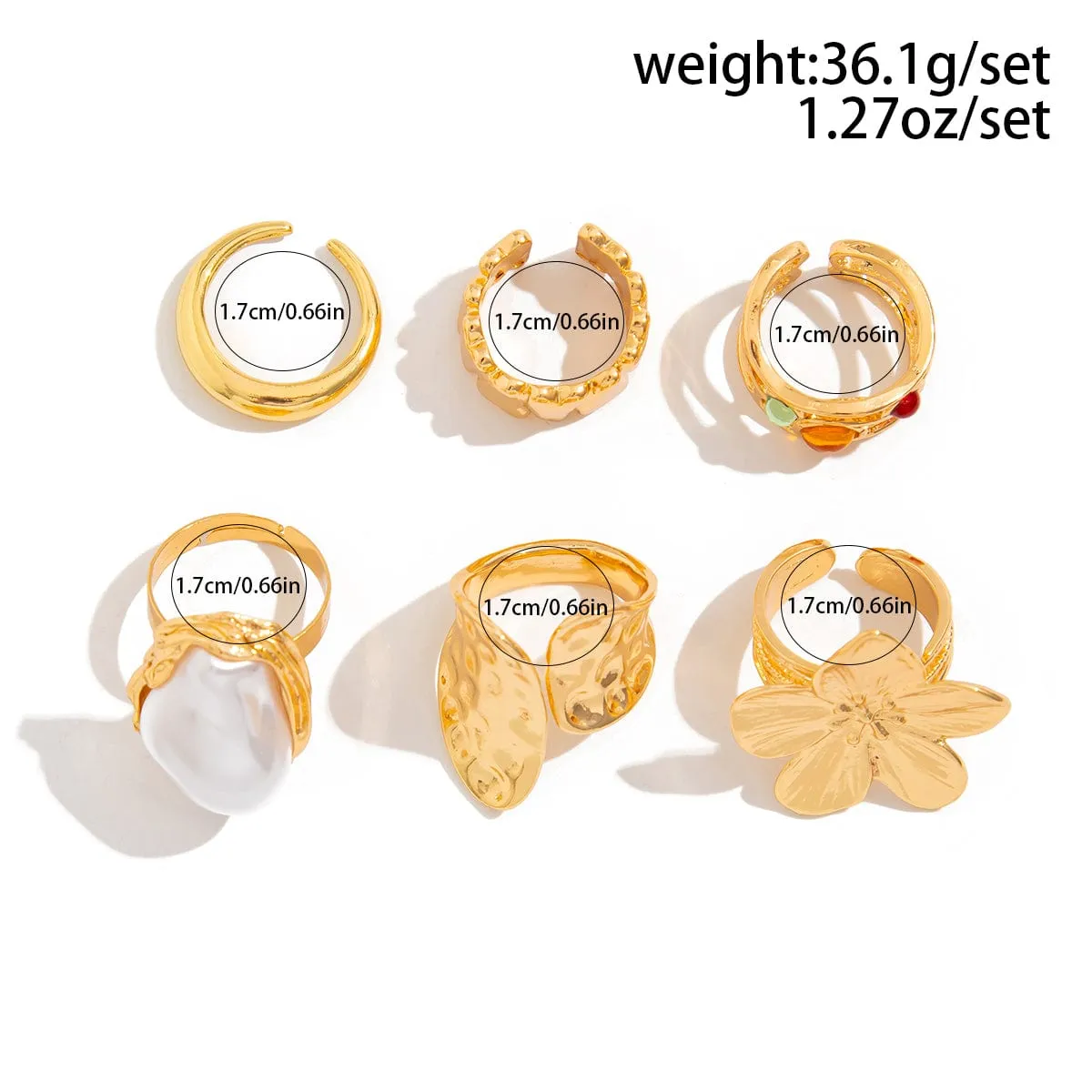 Baroque 6pcs Irregular Pearl Inlaid Textured Flower Ring Set