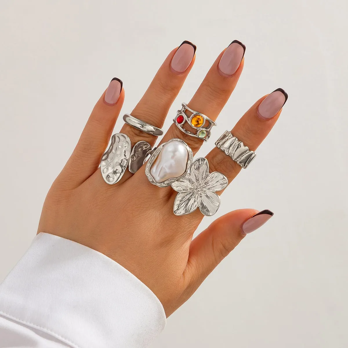 Baroque 6pcs Irregular Pearl Inlaid Textured Flower Ring Set