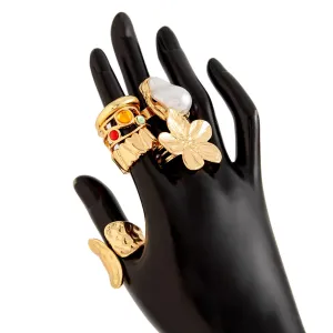 Baroque 6pcs Irregular Pearl Inlaid Textured Flower Ring Set