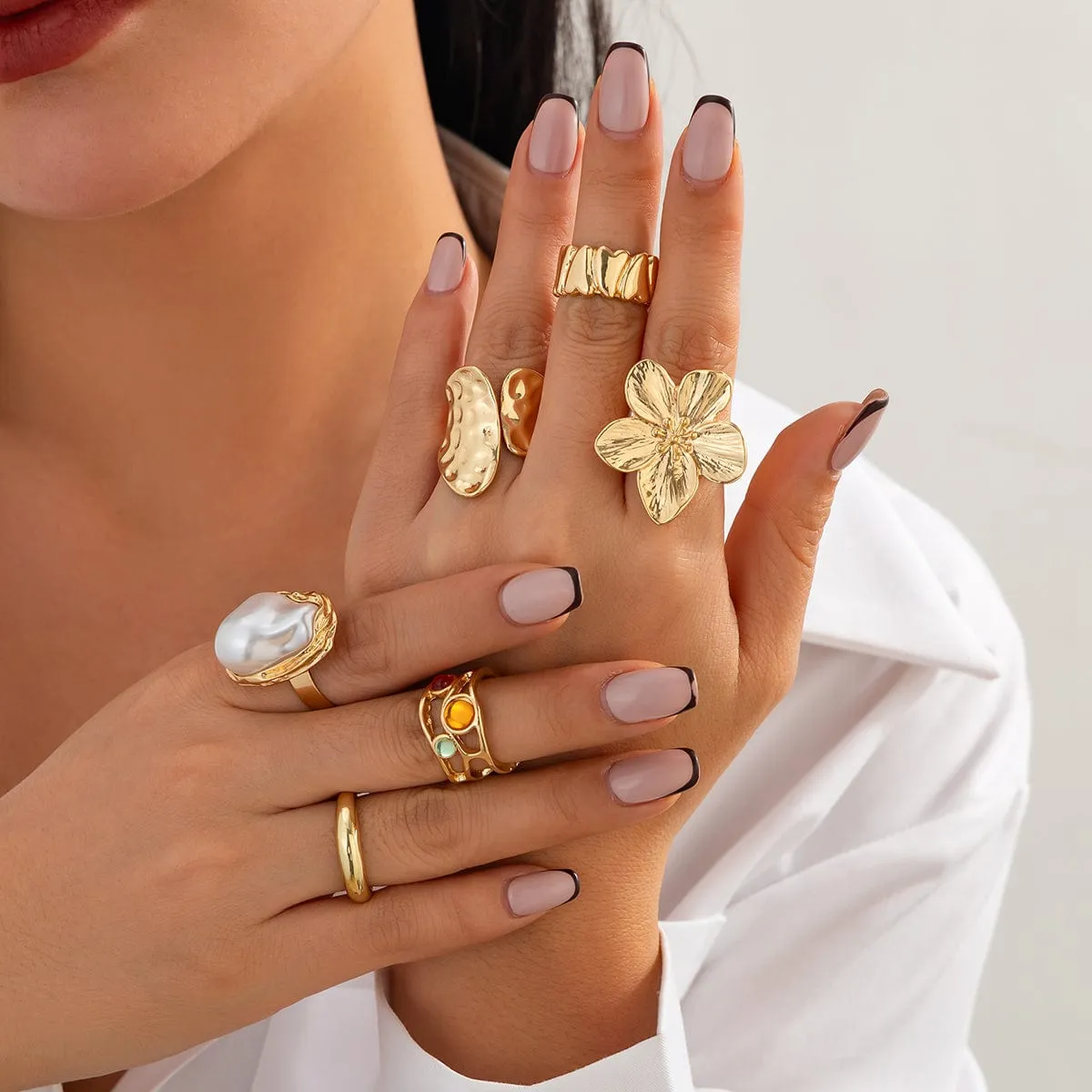Baroque 6pcs Irregular Pearl Inlaid Textured Flower Ring Set