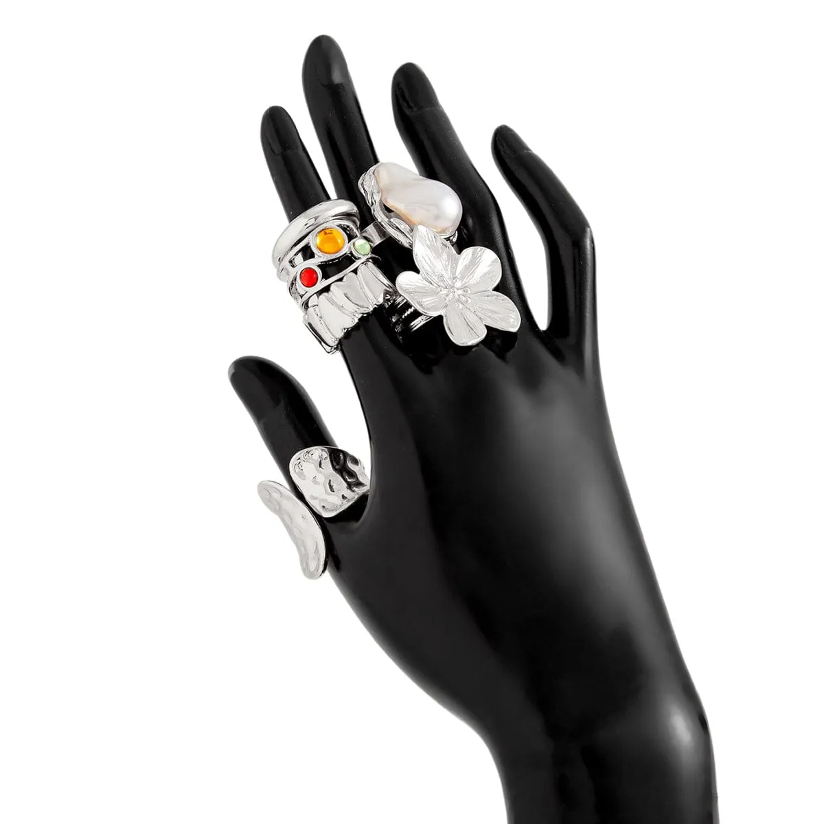 Baroque 6pcs Irregular Pearl Inlaid Textured Flower Ring Set