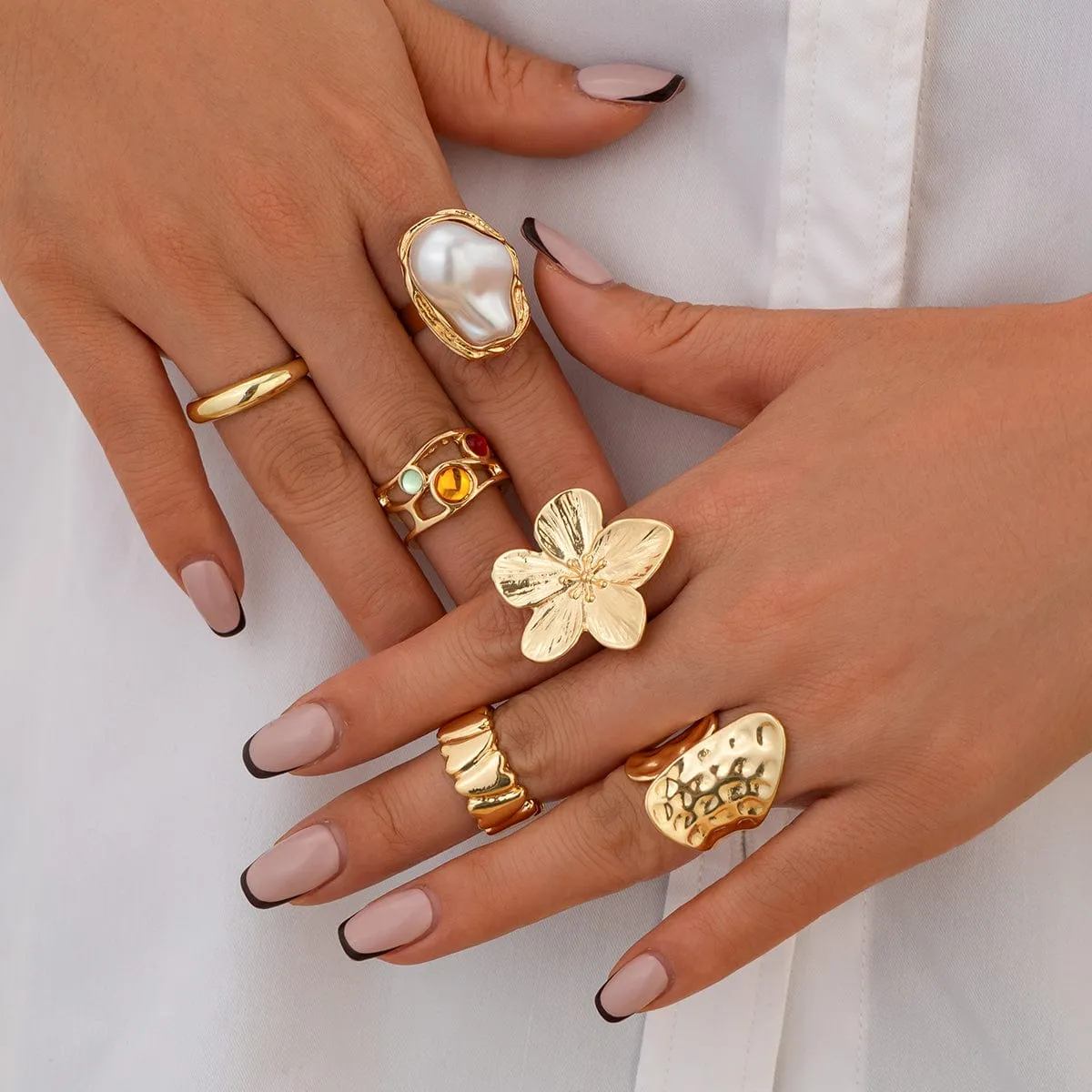 Baroque 6pcs Irregular Pearl Inlaid Textured Flower Ring Set