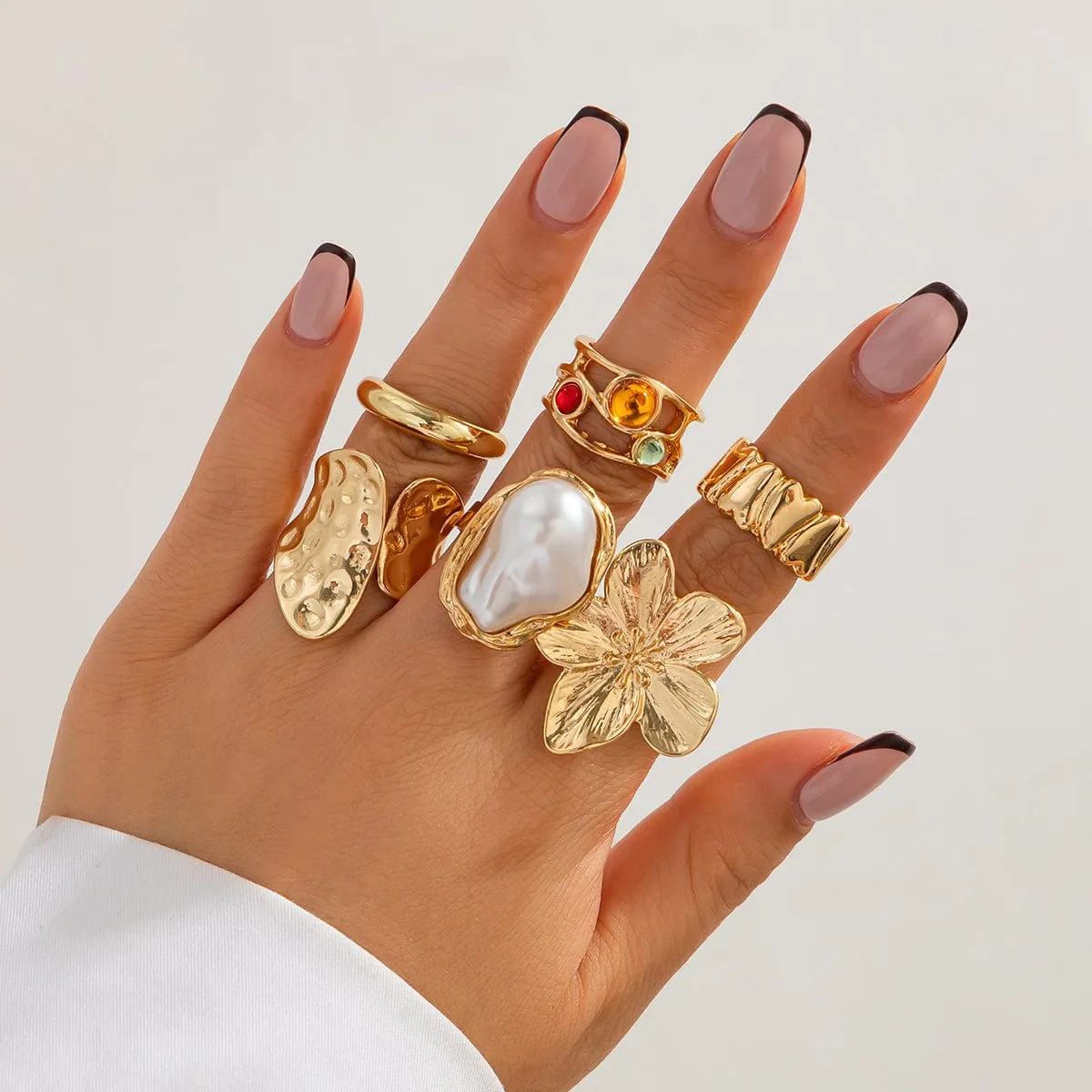 Baroque 6pcs Irregular Pearl Inlaid Textured Flower Ring Set