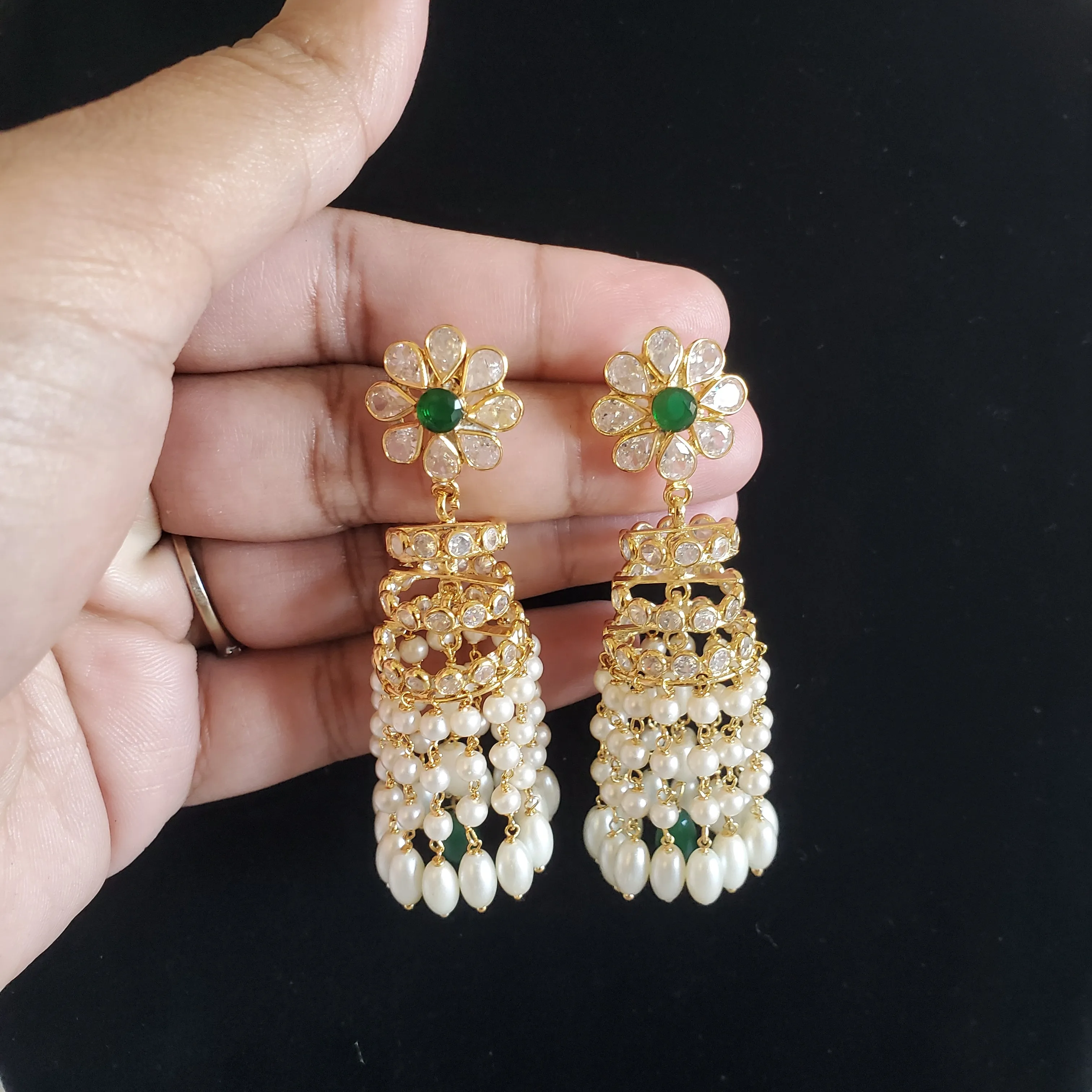 Bhavna and Suhana Polki Pearl Tassel Jhumkas Green