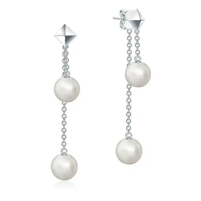 Birks Silver Rock and Pearl Double Drop Earrings