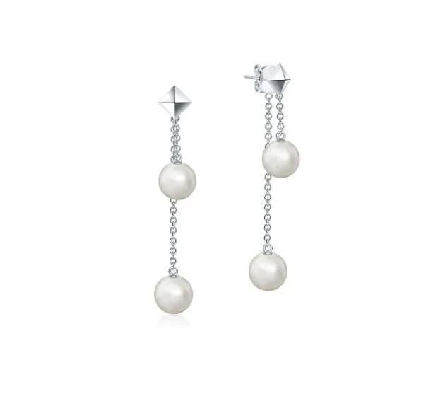 Birks Silver Rock and Pearl Double Drop Earrings