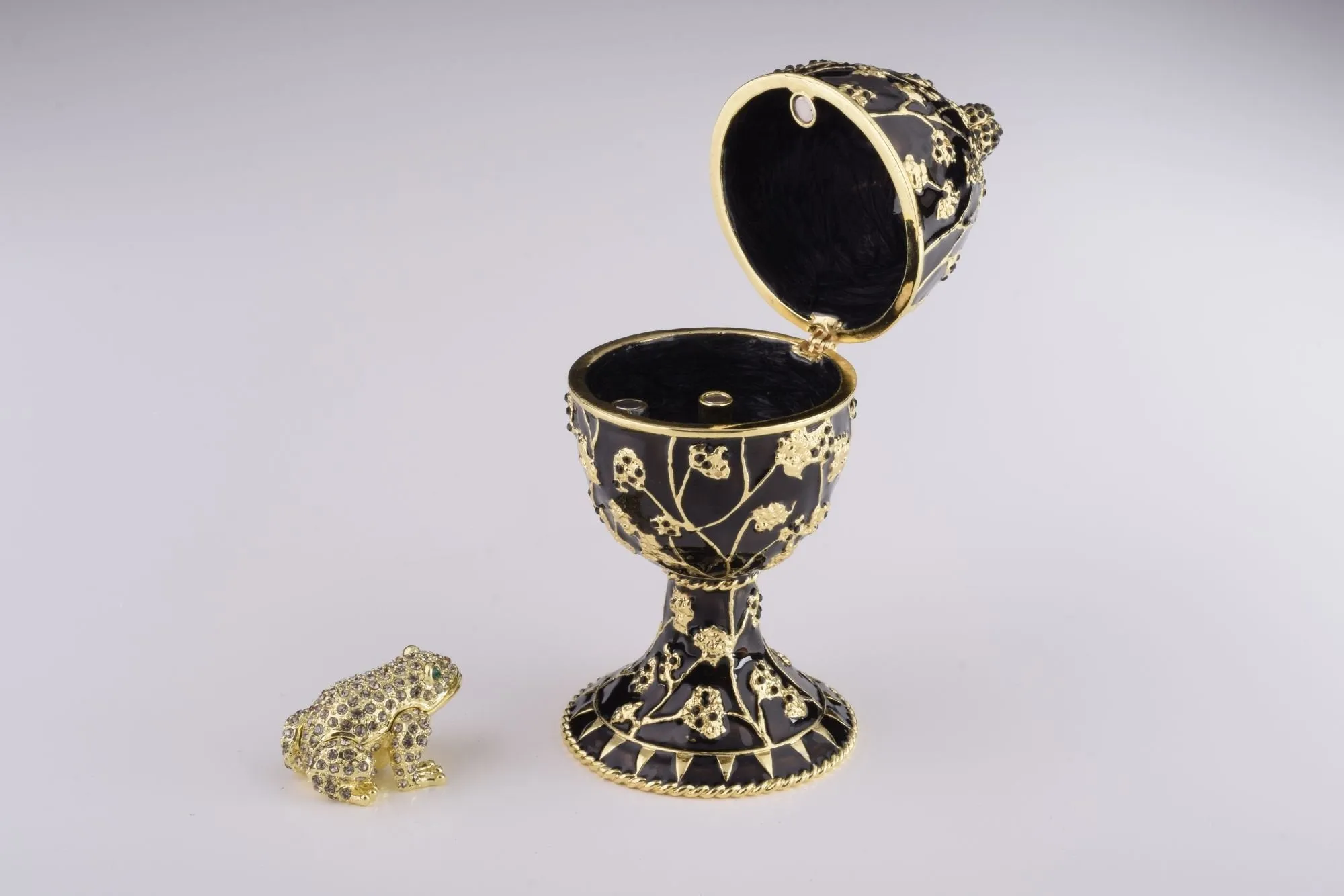Black Faberge Egg with Silver Frog Surprise Inside