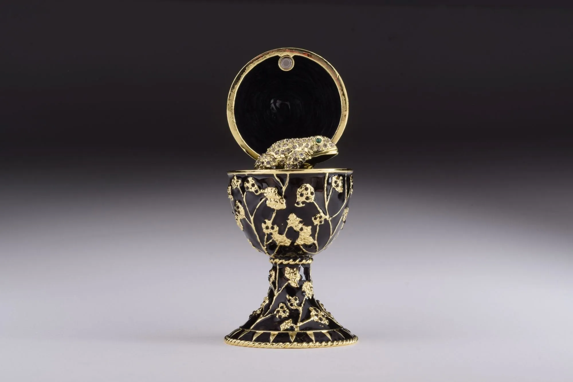 Black Faberge Egg with Silver Frog Surprise Inside