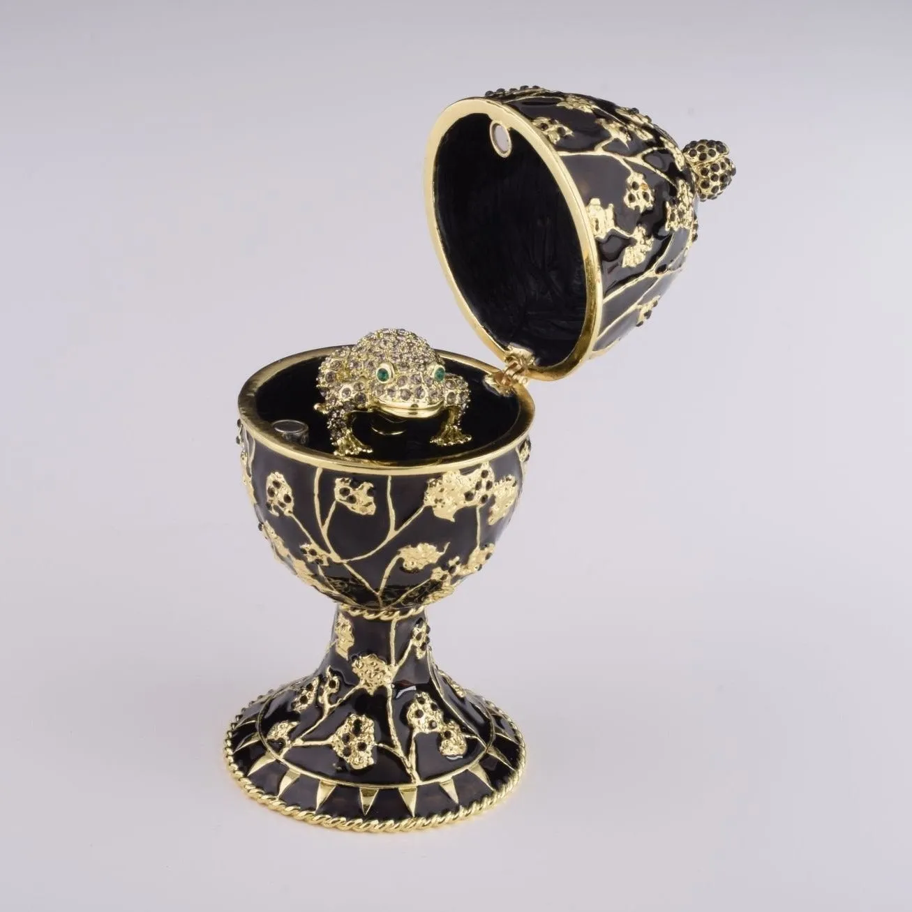 Black Faberge Egg with Silver Frog Surprise Inside