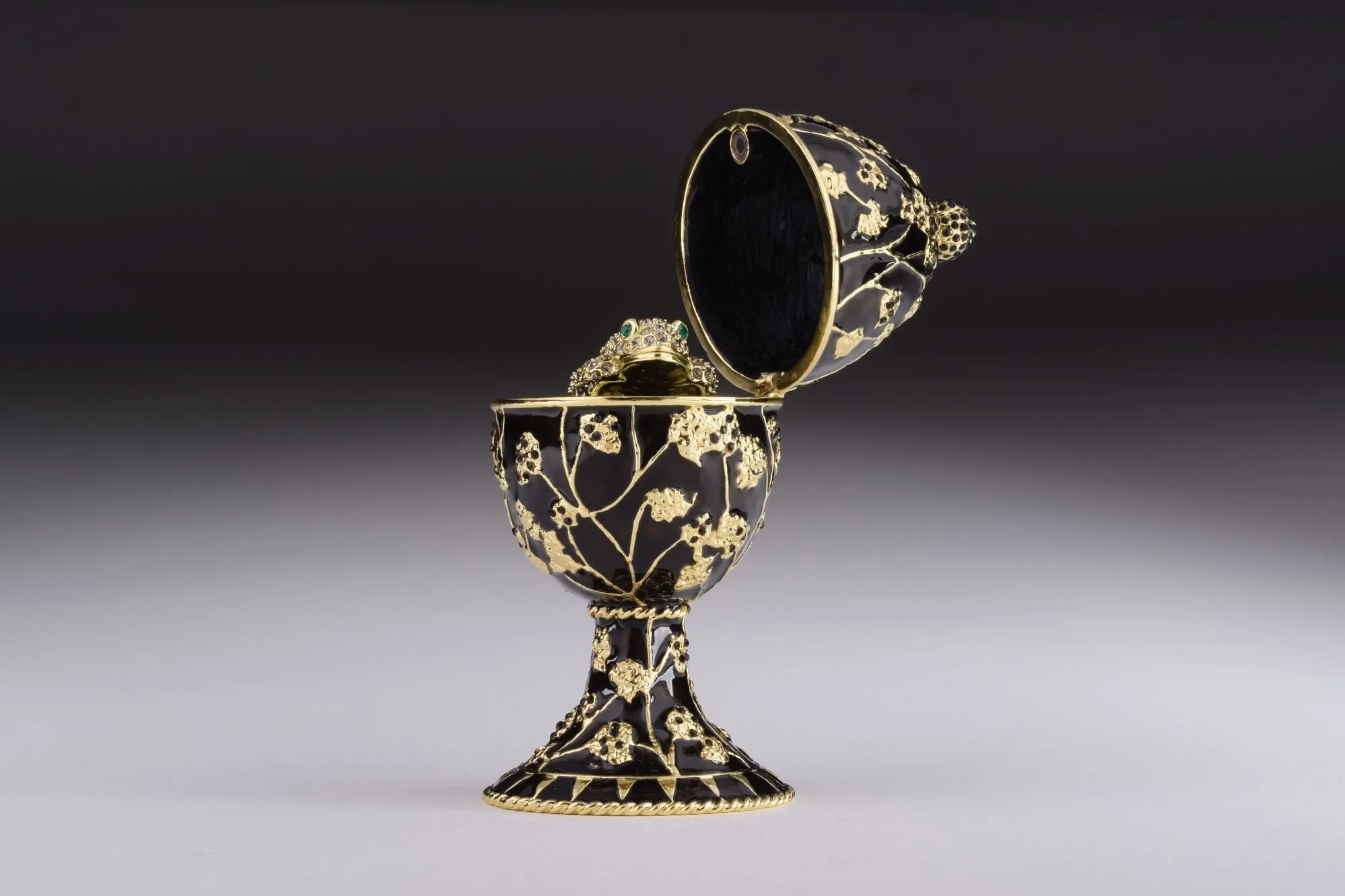 Black Faberge Egg with Silver Frog Surprise Inside