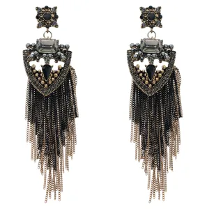 Black Faux Pearl Gemstone Long Chain Earrings