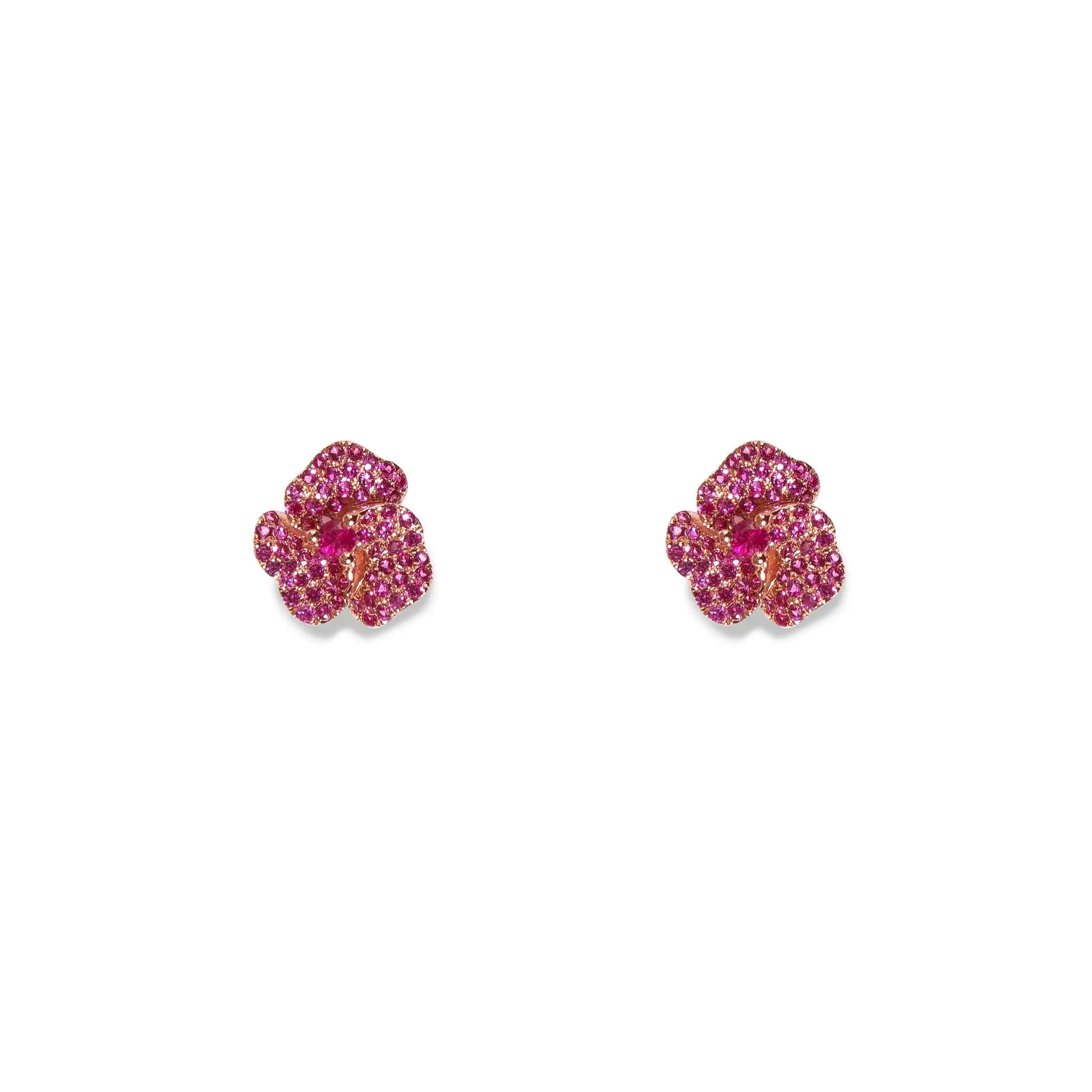 Bloom Mini Flower Dark Pink Sapphire Earrings in Rose Gold