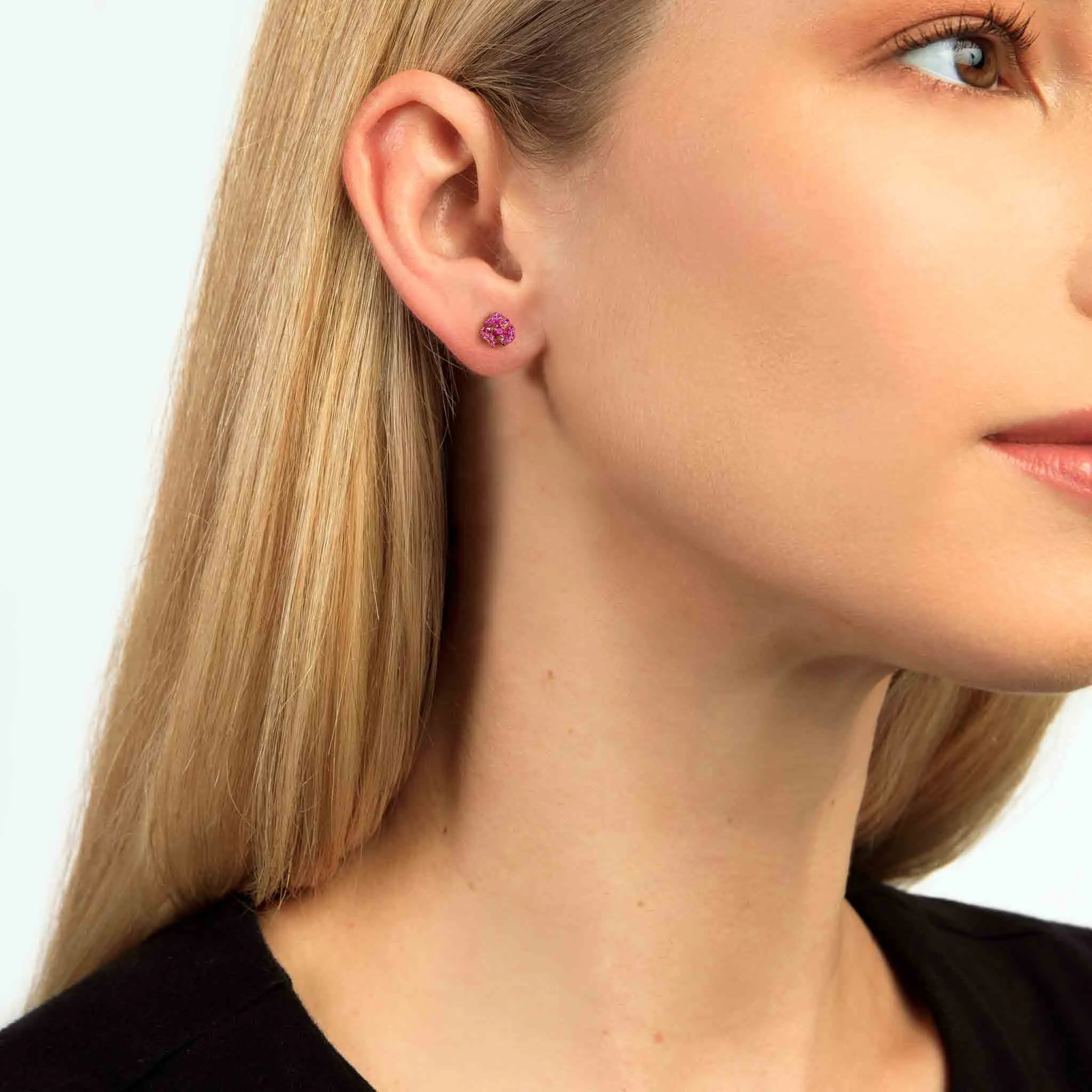 Bloom Mini Flower Dark Pink Sapphire Earrings in Rose Gold