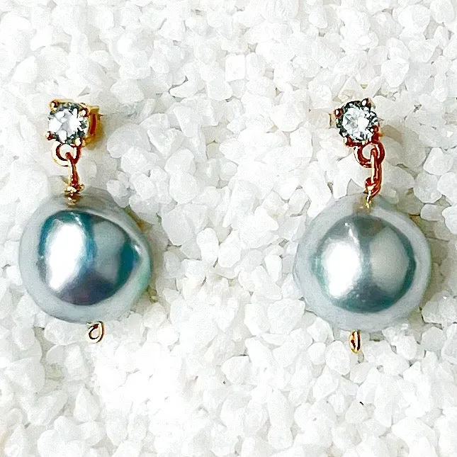 Blue Akoya Drop Pearl earrings with Aquamarines