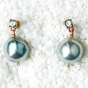 Blue Akoya Drop Pearl earrings with Aquamarines
