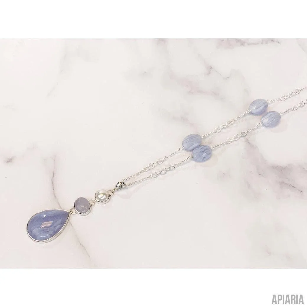 Blue Lace Agate & Chalcedony Sterling Silver Necklace with Freshwater Pearl