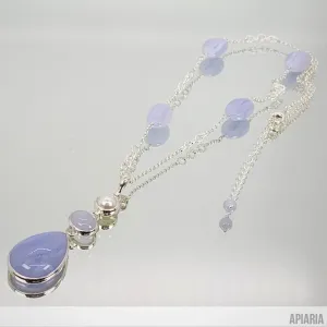 Blue Lace Agate & Chalcedony Sterling Silver Necklace with Freshwater Pearl