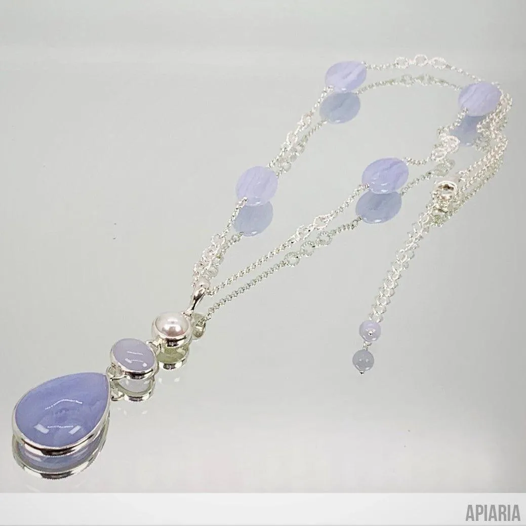 Blue Lace Agate & Chalcedony Sterling Silver Necklace with Freshwater Pearl