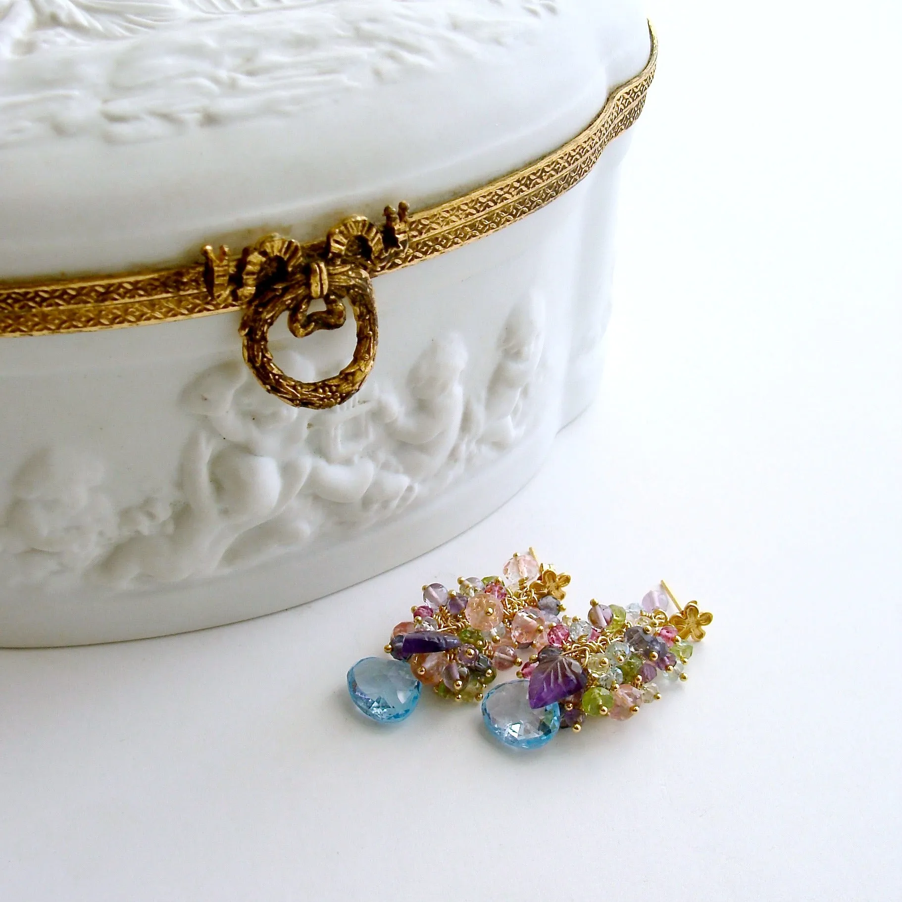 Blue/Pink Topaz, Amethyst, Lemon/Cherry Quartz, Peridot, Iolite Cluster Earrings - Fleur VII Earrings