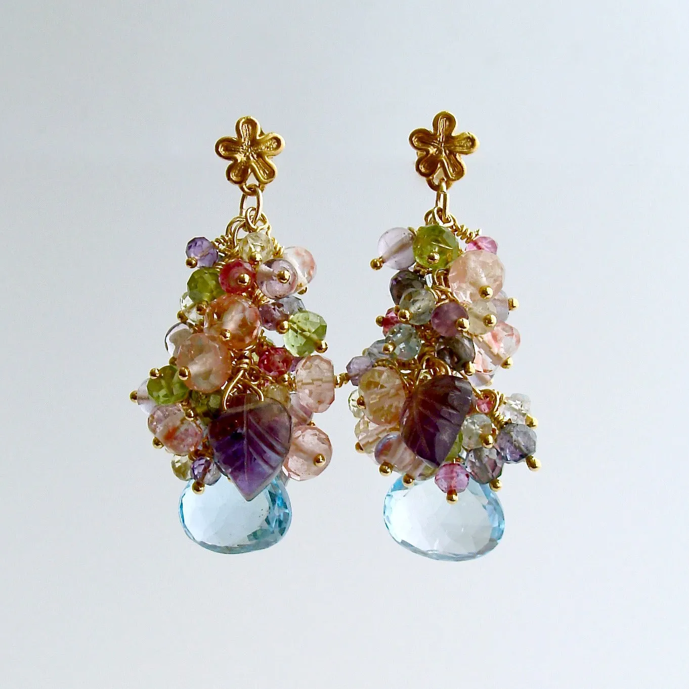 Blue/Pink Topaz, Amethyst, Lemon/Cherry Quartz, Peridot, Iolite Cluster Earrings - Fleur VII Earrings