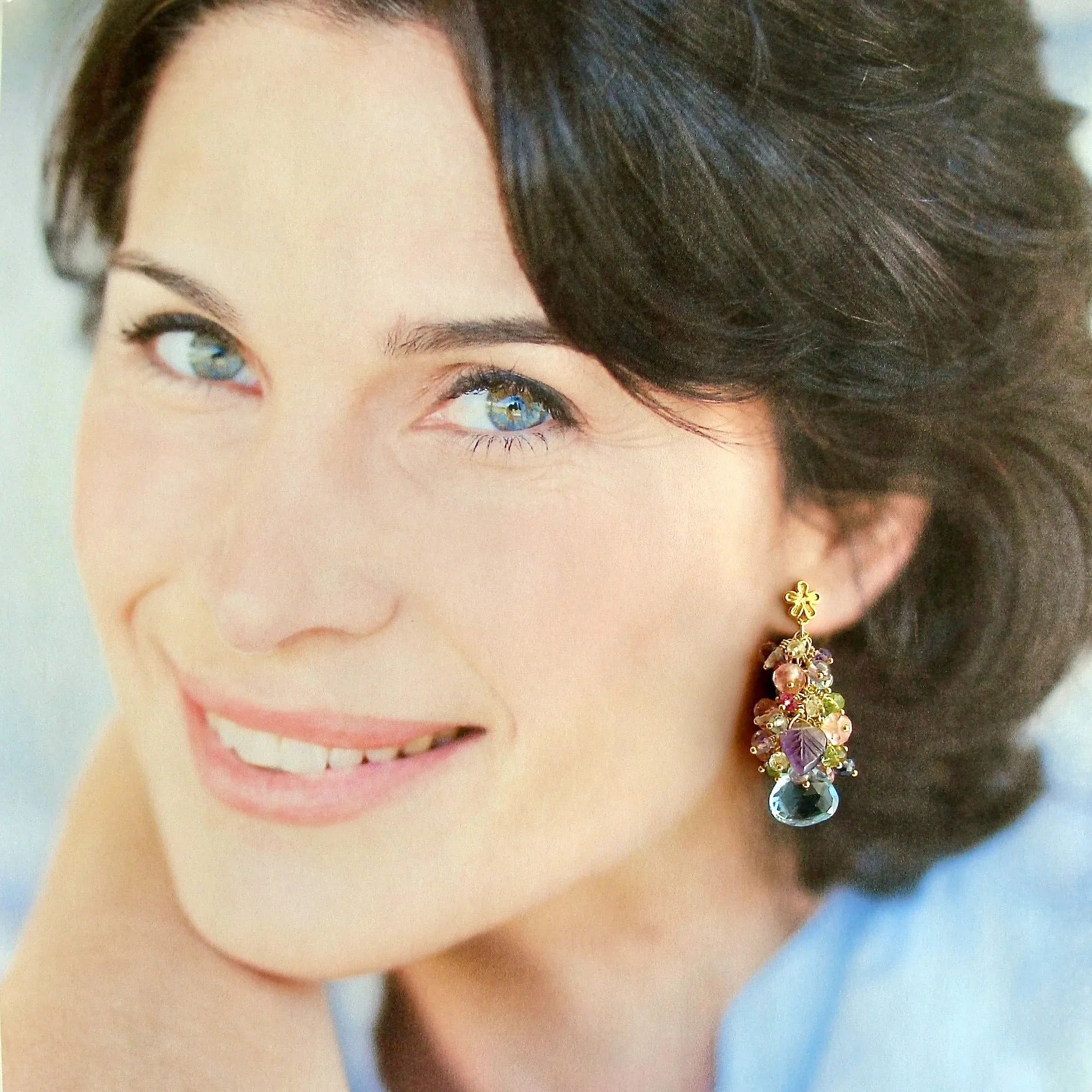 Blue/Pink Topaz, Amethyst, Lemon/Cherry Quartz, Peridot, Iolite Cluster Earrings - Fleur VII Earrings