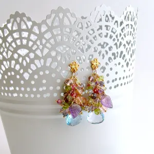 Blue/Pink Topaz, Amethyst, Lemon/Cherry Quartz, Peridot, Iolite Cluster Earrings - Fleur VII Earrings