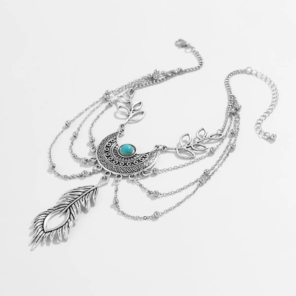 Bohemia Layered Turquoise Inlaid Feather Pendant Arm Chain