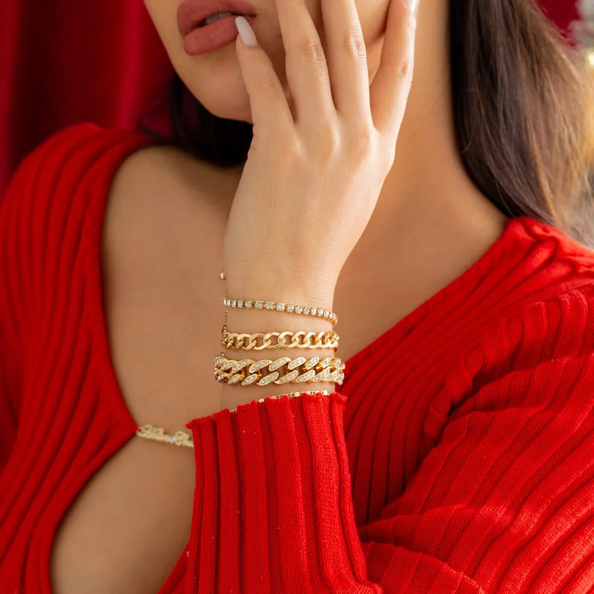 Boho 4 Pieces Rhinestone Inlaid Stackable Bracelet Set