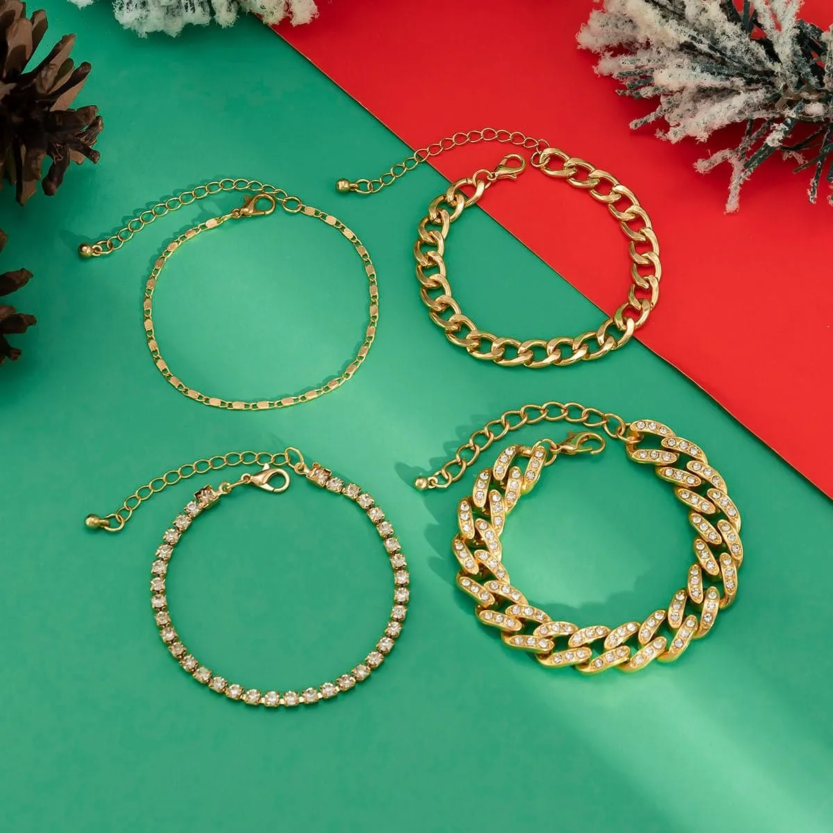 Boho 4 Pieces Rhinestone Inlaid Stackable Bracelet Set