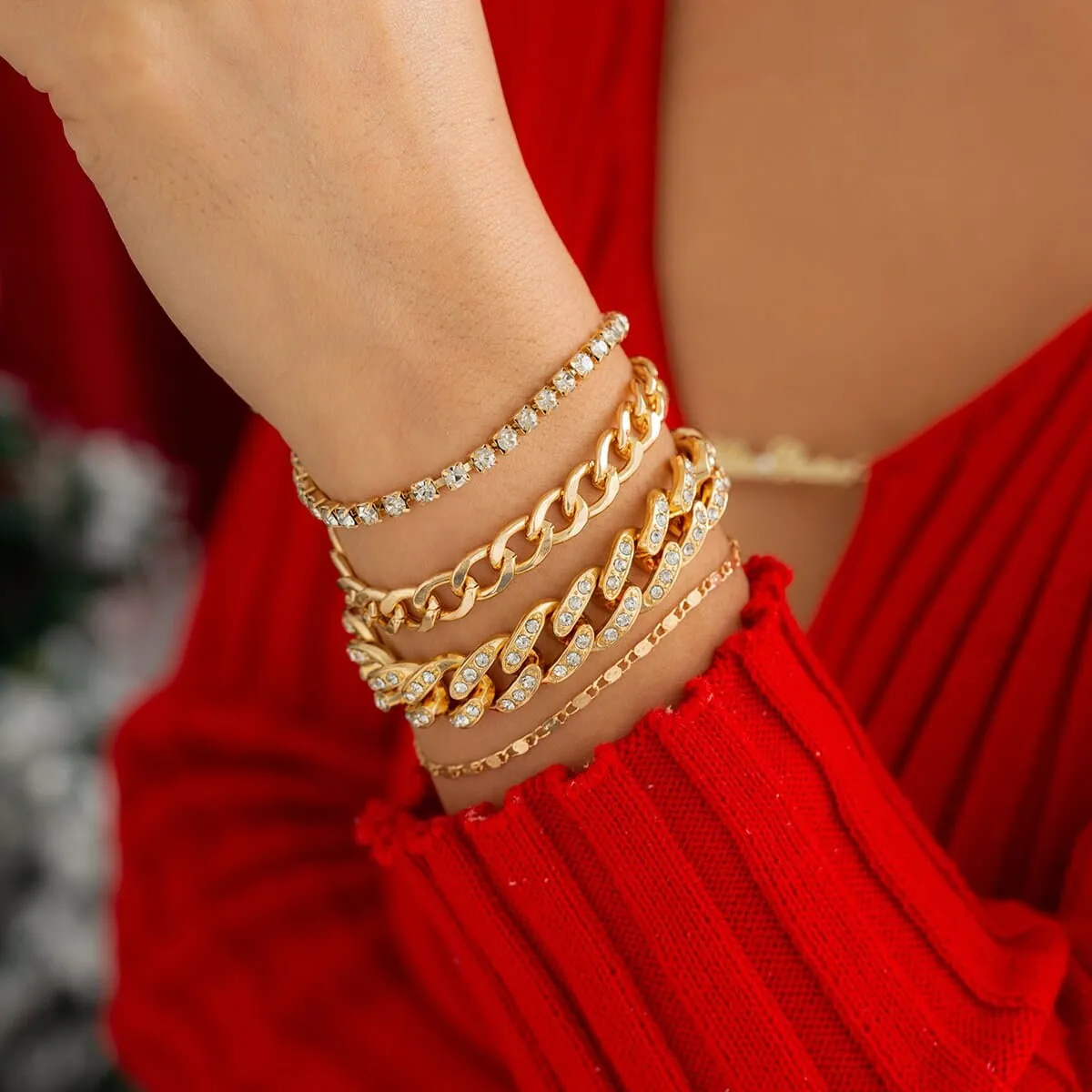 Boho 4 Pieces Rhinestone Inlaid Stackable Bracelet Set