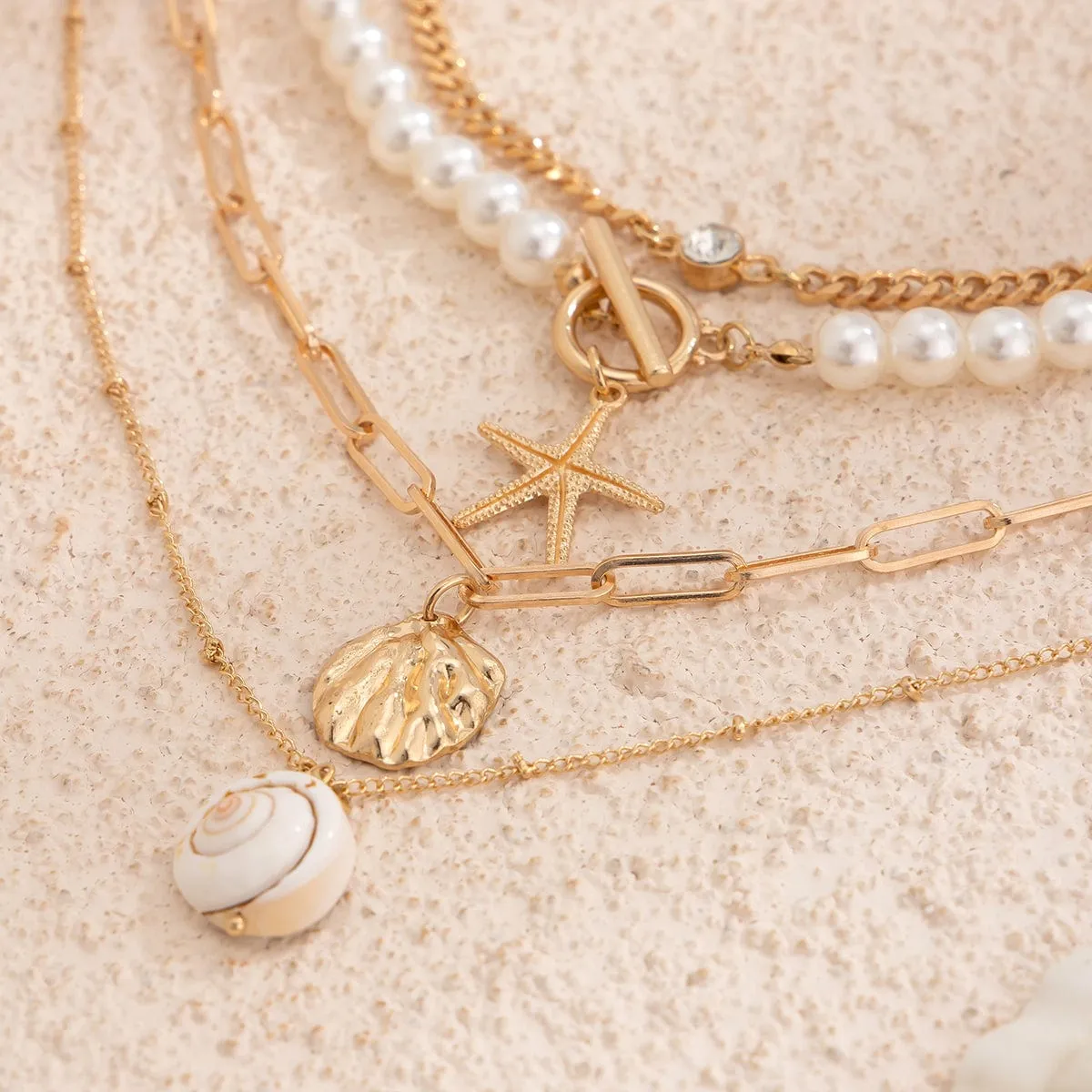 Boho 4Pcs Crystal Inlaid Starfish Conch Pendant Pearl Chain Necklace Set