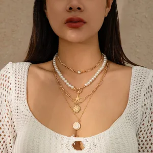Boho 4Pcs Crystal Inlaid Starfish Conch Pendant Pearl Chain Necklace Set