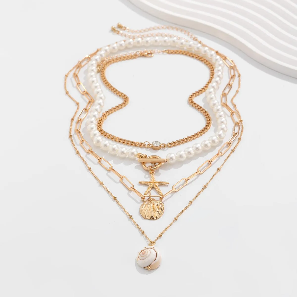 Boho 4Pcs Crystal Inlaid Starfish Conch Pendant Pearl Chain Necklace Set